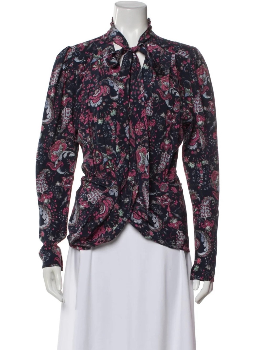 Isabel Marant Women's Navy and Pink Paisley Tie-Neck Blouse